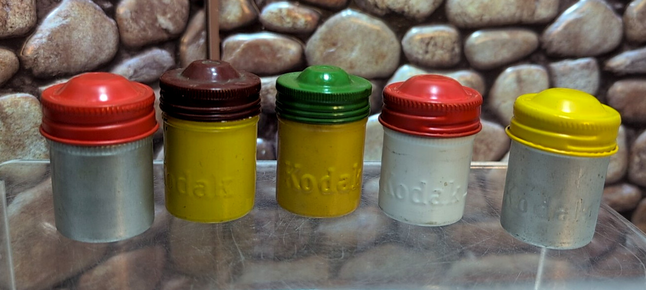 5 Kodak 35mm Metal Film Canisters Cool Colors - Preowned Vintage