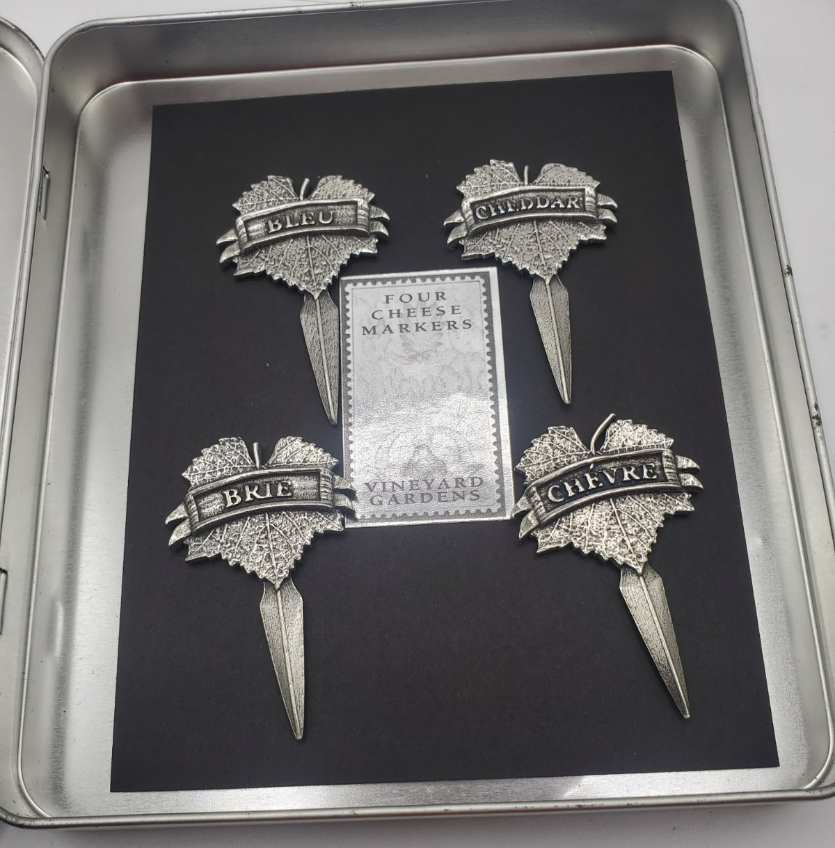 Set of Four Vineyard Gardens Metal Cheese Markers Bleu Brie Chevre Cheddar