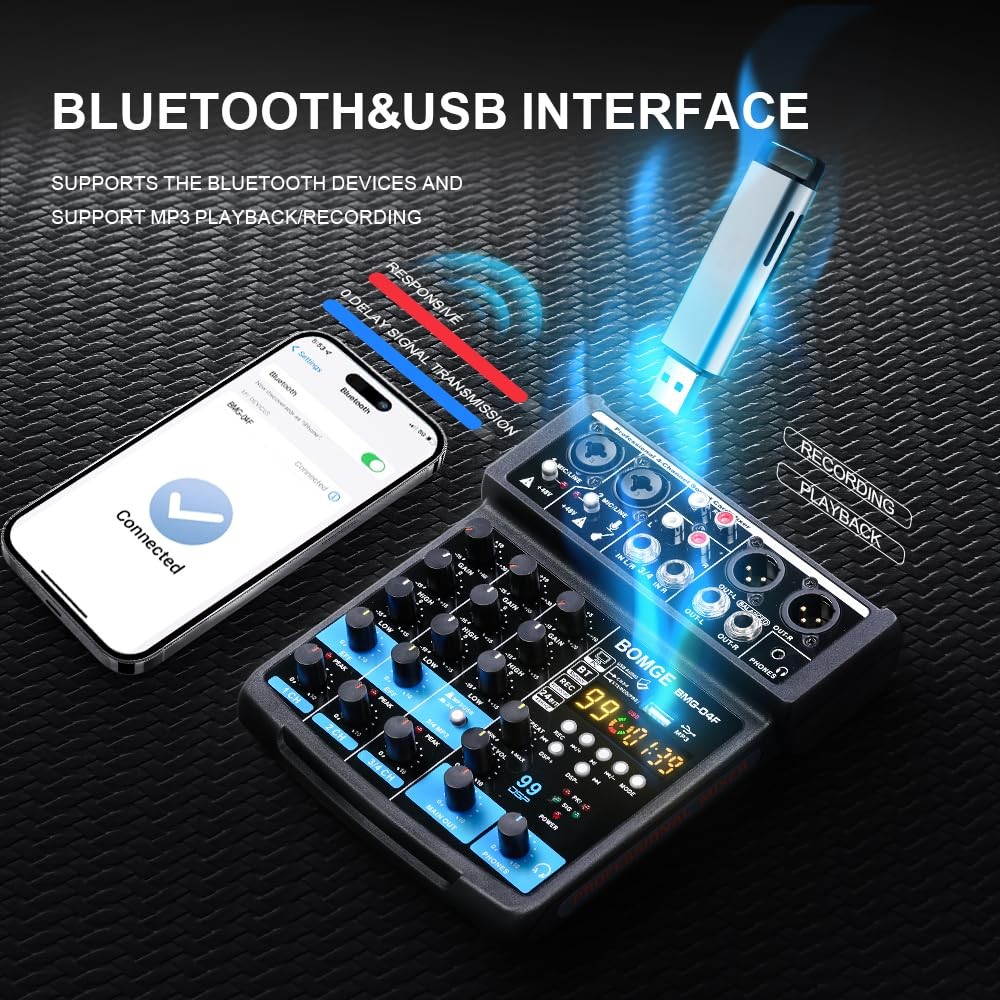 BOMGE 4 Channel mini DJ Audio Sound Mixer Interface with MP3 USB, Bluetooth, St