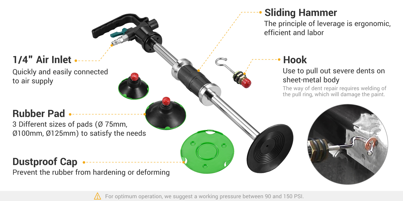 Pneumatic Suction Dent Puller Car Body Panel Dent Repair Tool w/ 3 Suction Cups