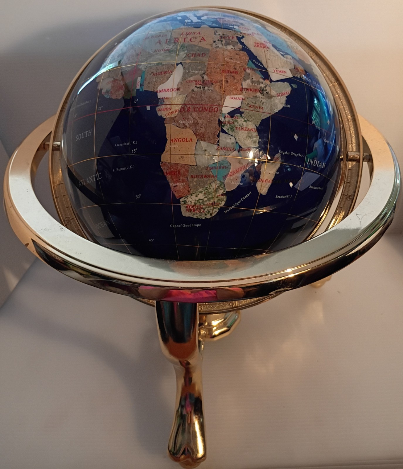 Tabletop Globe Lapis & Semi-Precious Gemstones Brass Stand Compass 10Lb 13.5" T!
