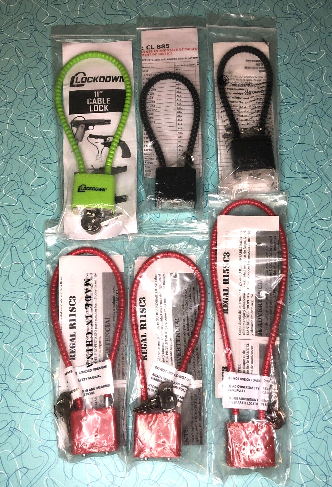 Qty 6 Cable Style Child Safety Gun Locks & Keys - Lock 4 Handguns, Shotguns etc
