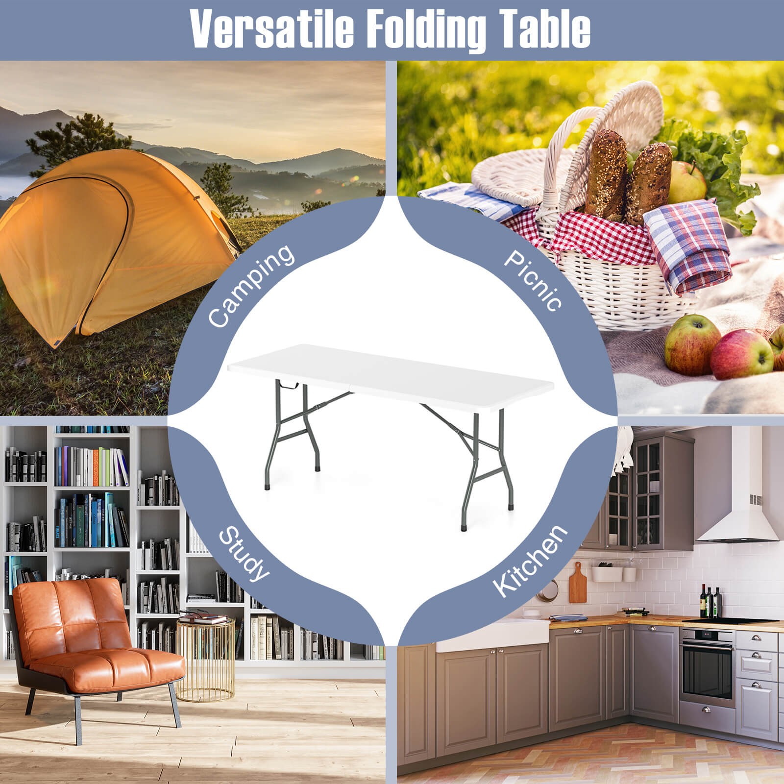3 PCS Folding Picnic Table Set with 6 ft Table & 2 Benches HDPE Tabletop Bench