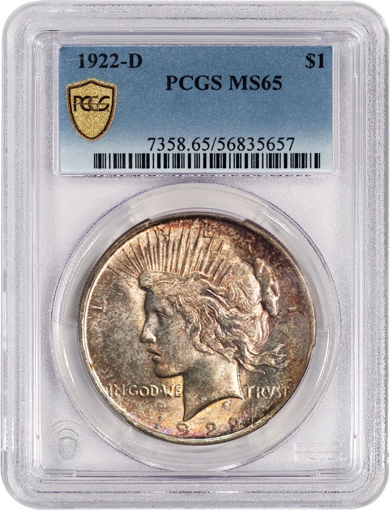 1922 D $1 Silver Peace Dollar PCGS Gold Shield MS65 Brilliant Uncirculated Coin