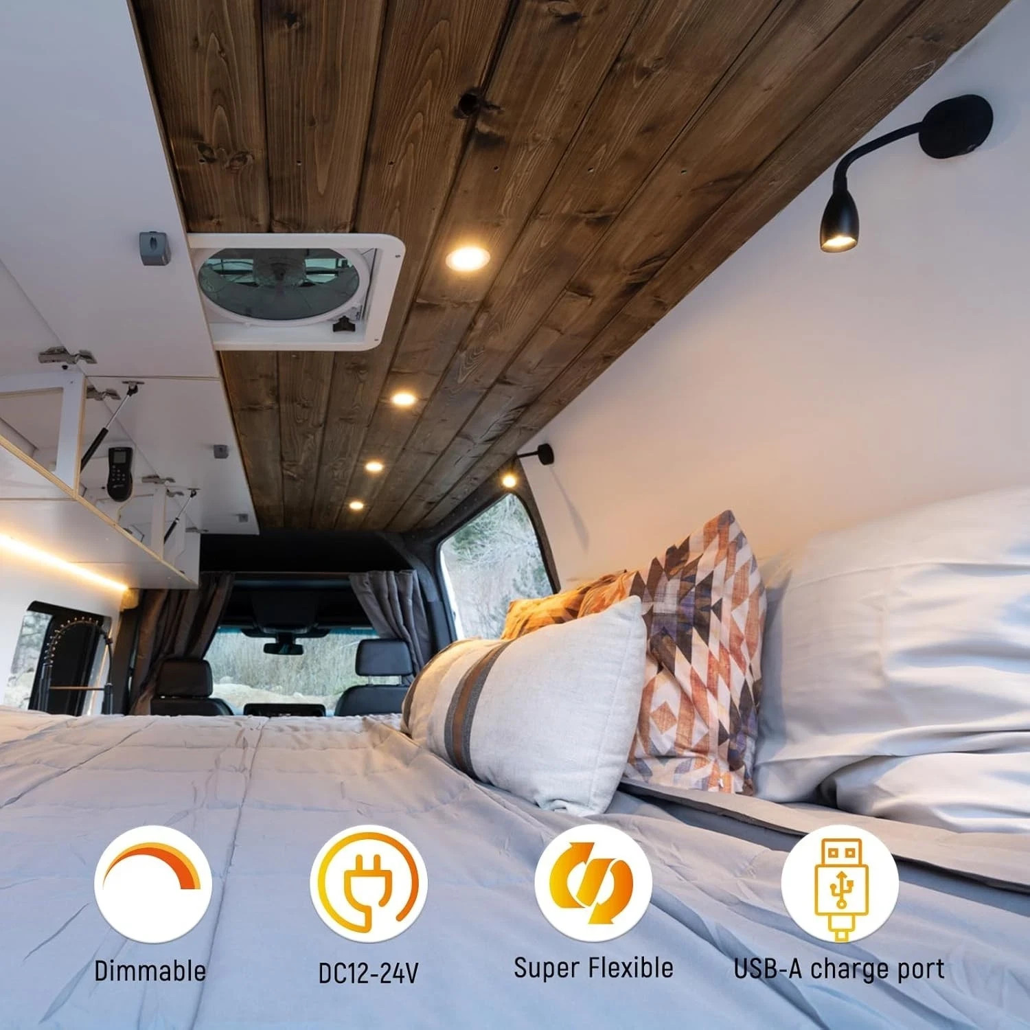 12V LED Dimmable Reading Light 2 Pack, RV Bedside Reading Lamp with USB Charger