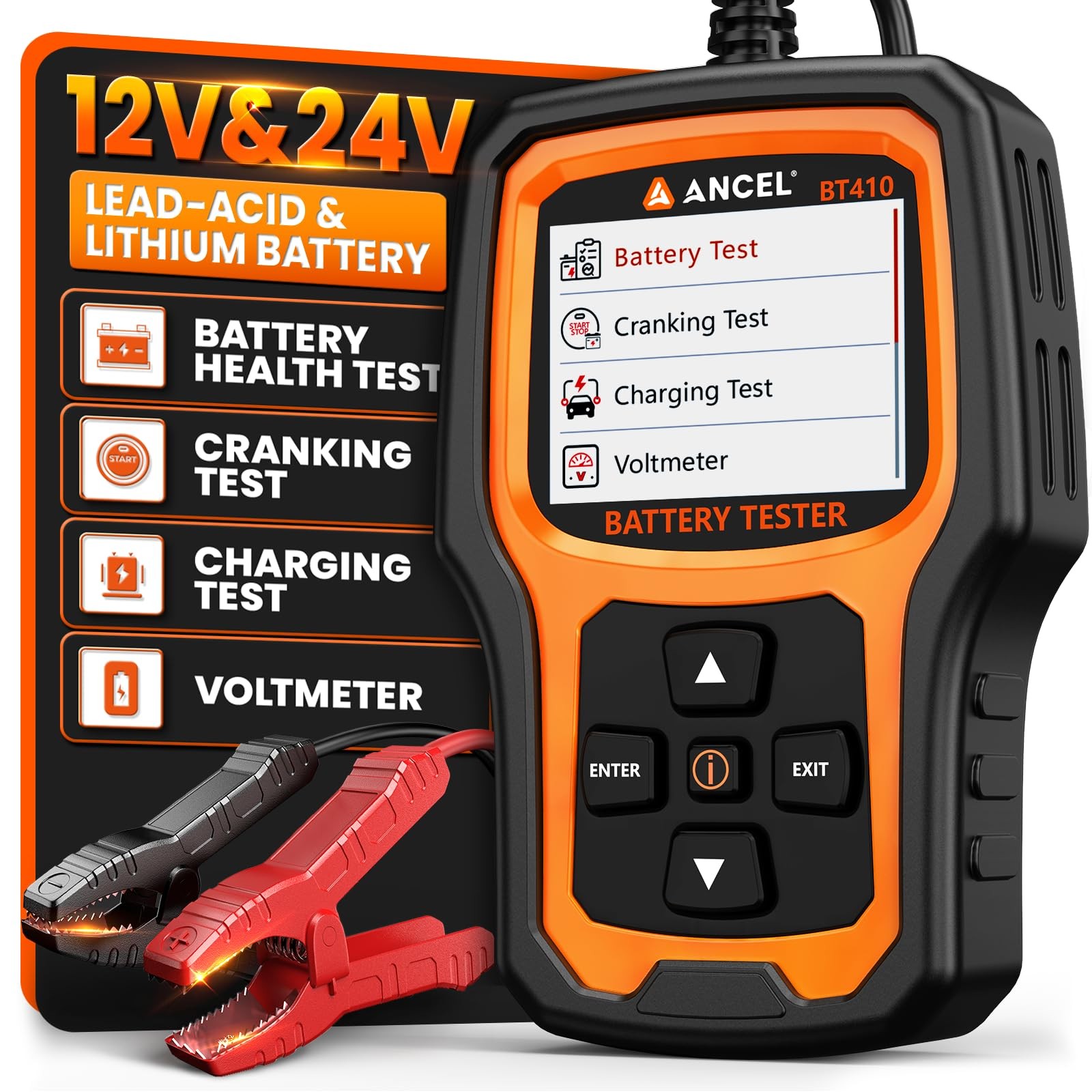 ANCEL BT410 12V 24V Car Battery 2.64 x 6.69 x 3.66 inches, Black and Orange