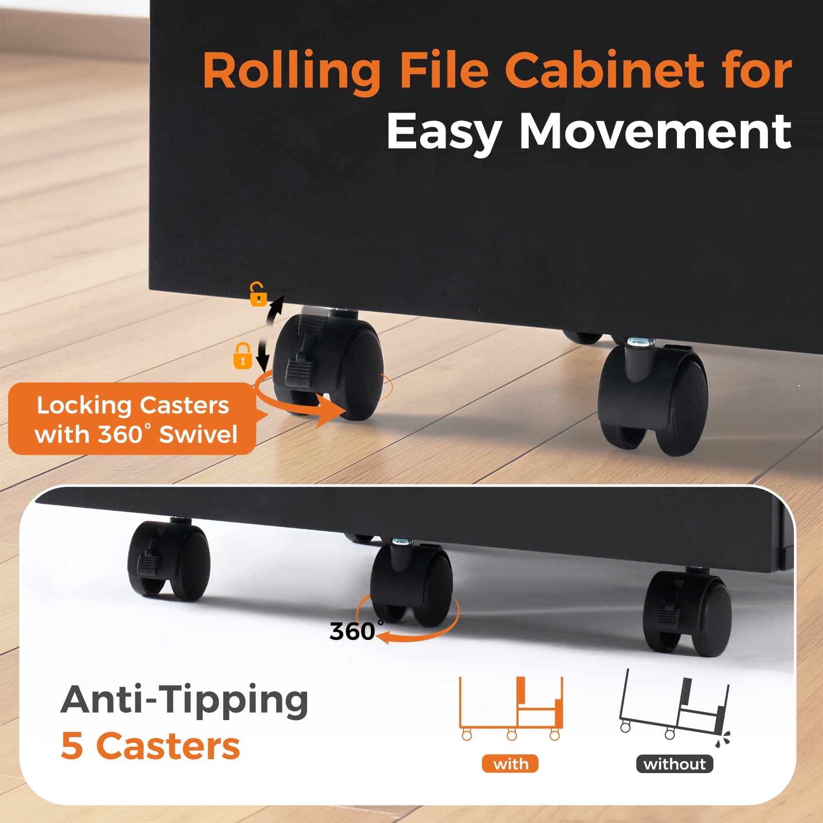 2-Drawer Rolling File Cabinet with Lockable Wheels, Printer Stand with Storage