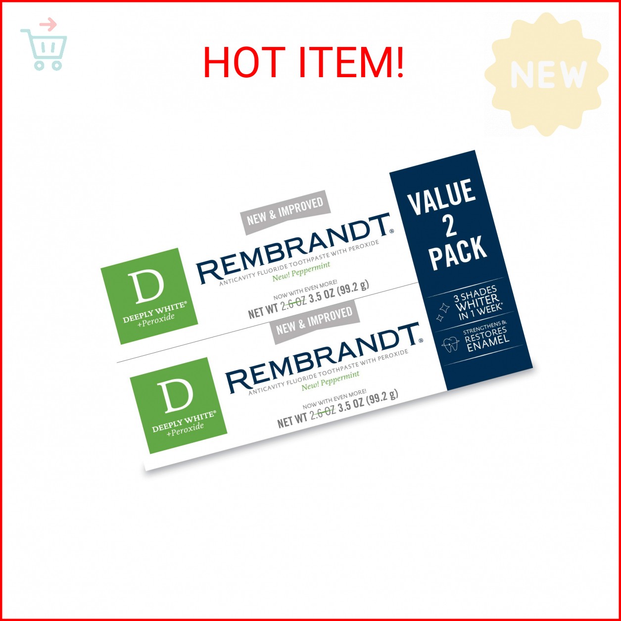 Rembrandt Deeply White + Peroxide Whitening Toothpaste, Peppermint Flavor, 3.5-O
