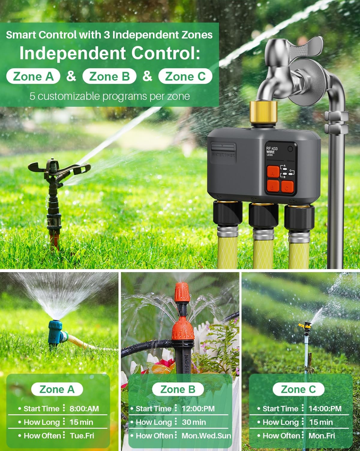 Johgee Wifi Sprinkler Timer 3 Zone 984 Ft Range 3 Outlet Smart Water Timer For