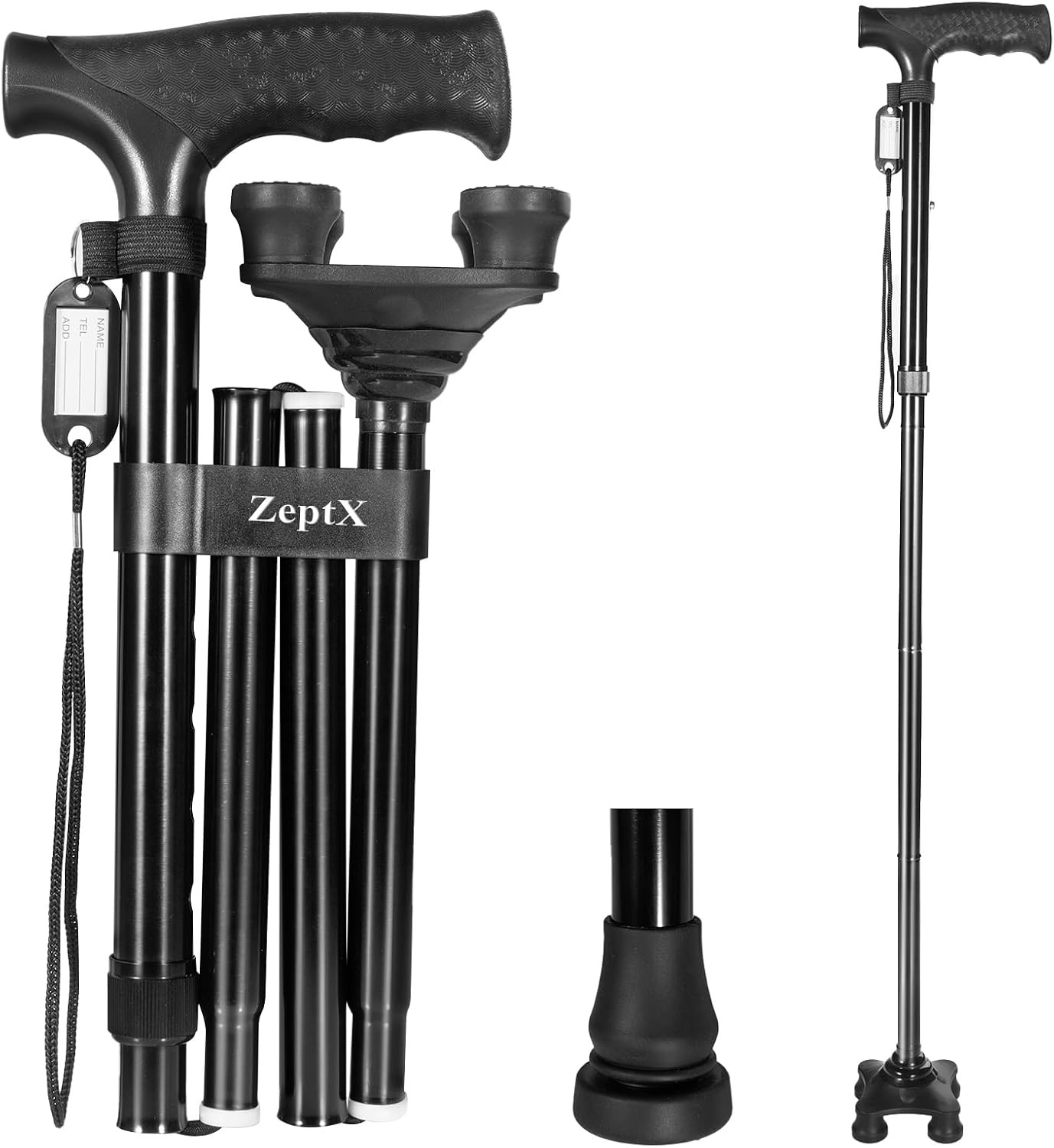 Folding Walking Quad Cane for Men and Women,Ultra Lightweight Sturdy Height Adju