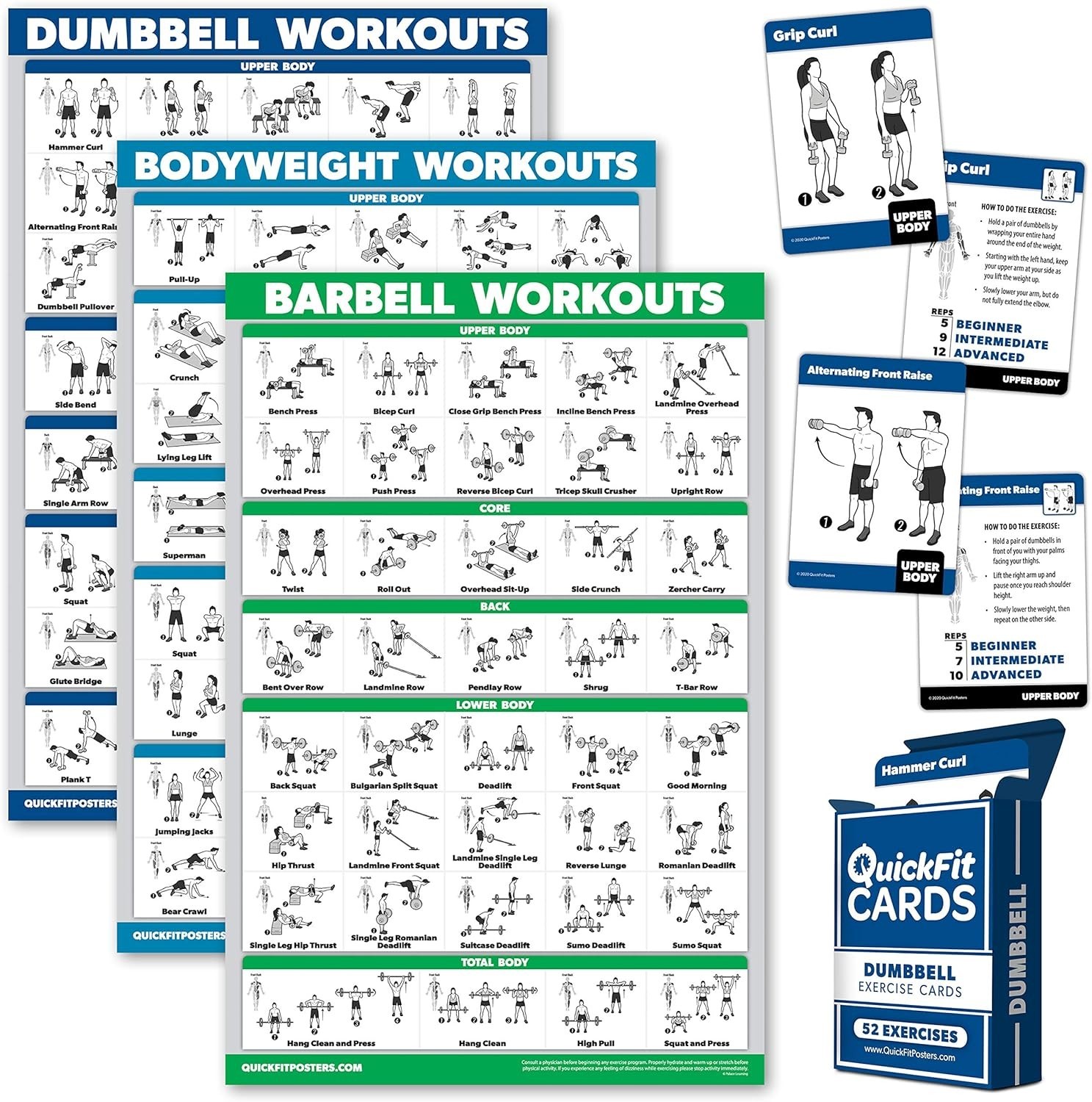 3 Pack: Dumbbell + Bodyweight + Barbell Workout Poster Set + Dumbbell Exercise P