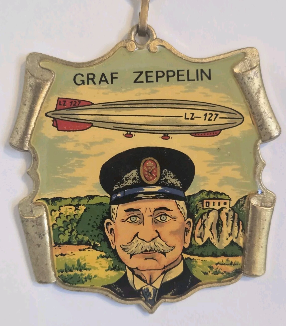 Vintage 1975 Graf Zepplin Pin Back Medallion Brass W/ Celluloid Insert