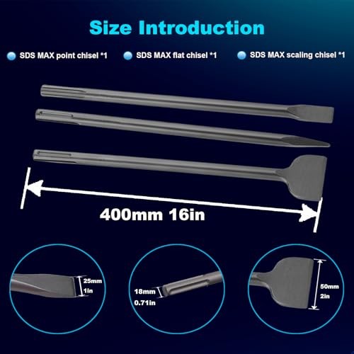 16-Inch SDS Max Chisel Set, Flat Chisel 1" 1" x 16"& 2" x 16"& point x 16"