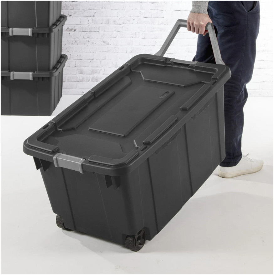 (2-Pack) 40 Gallon Plastic Storage Bin on Wheels with Locking Lid, Dark Gray