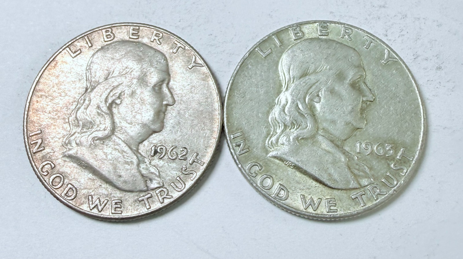 FRANKLIN SILVER HALF DOLLARS LOT OF 2, 90% SILVER CIRCULATED COINS  #9611