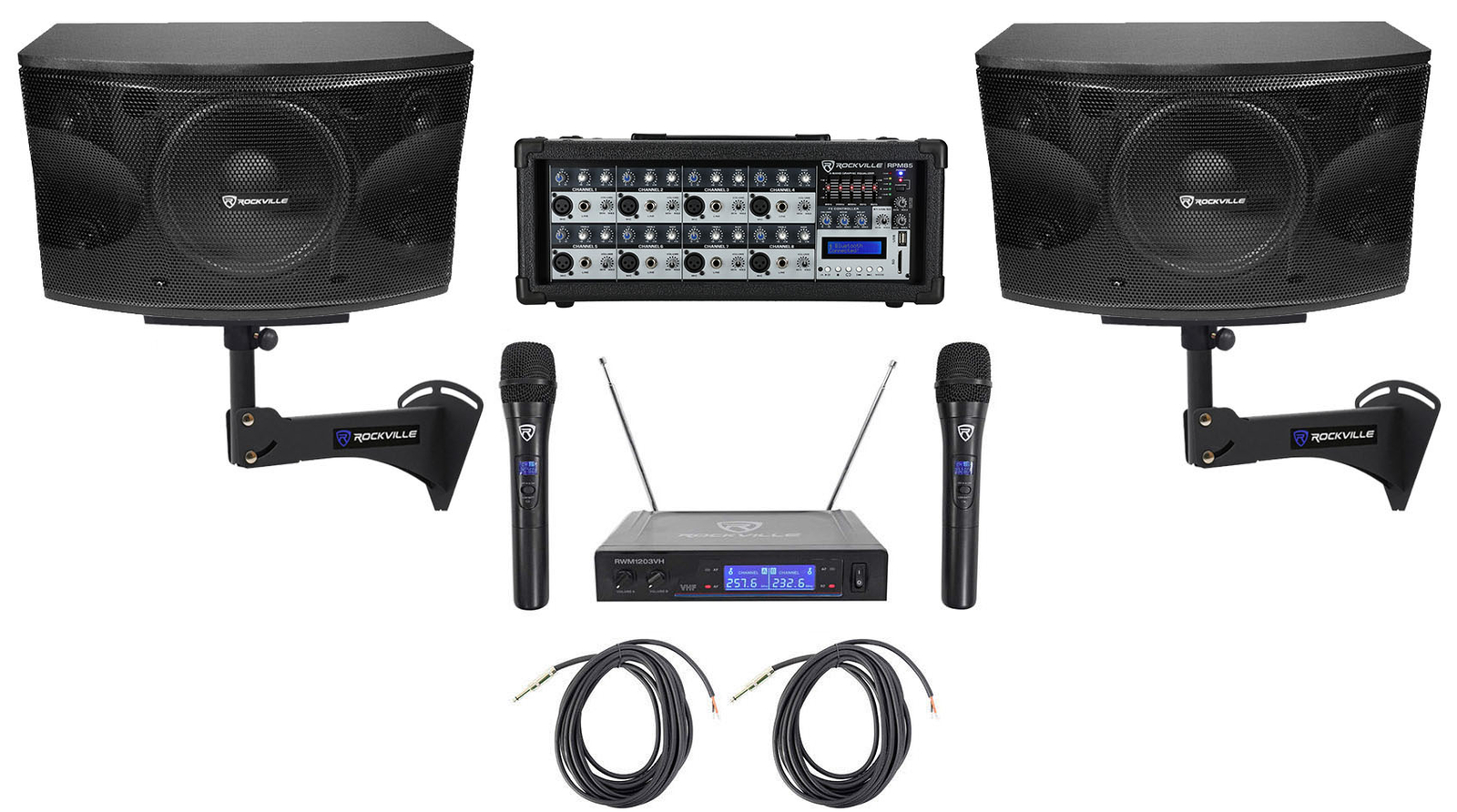 (2) Rockville KPS12 12" 1600w Karaoke Speakers+Mixer+Wall Brackets+Wireless Mics