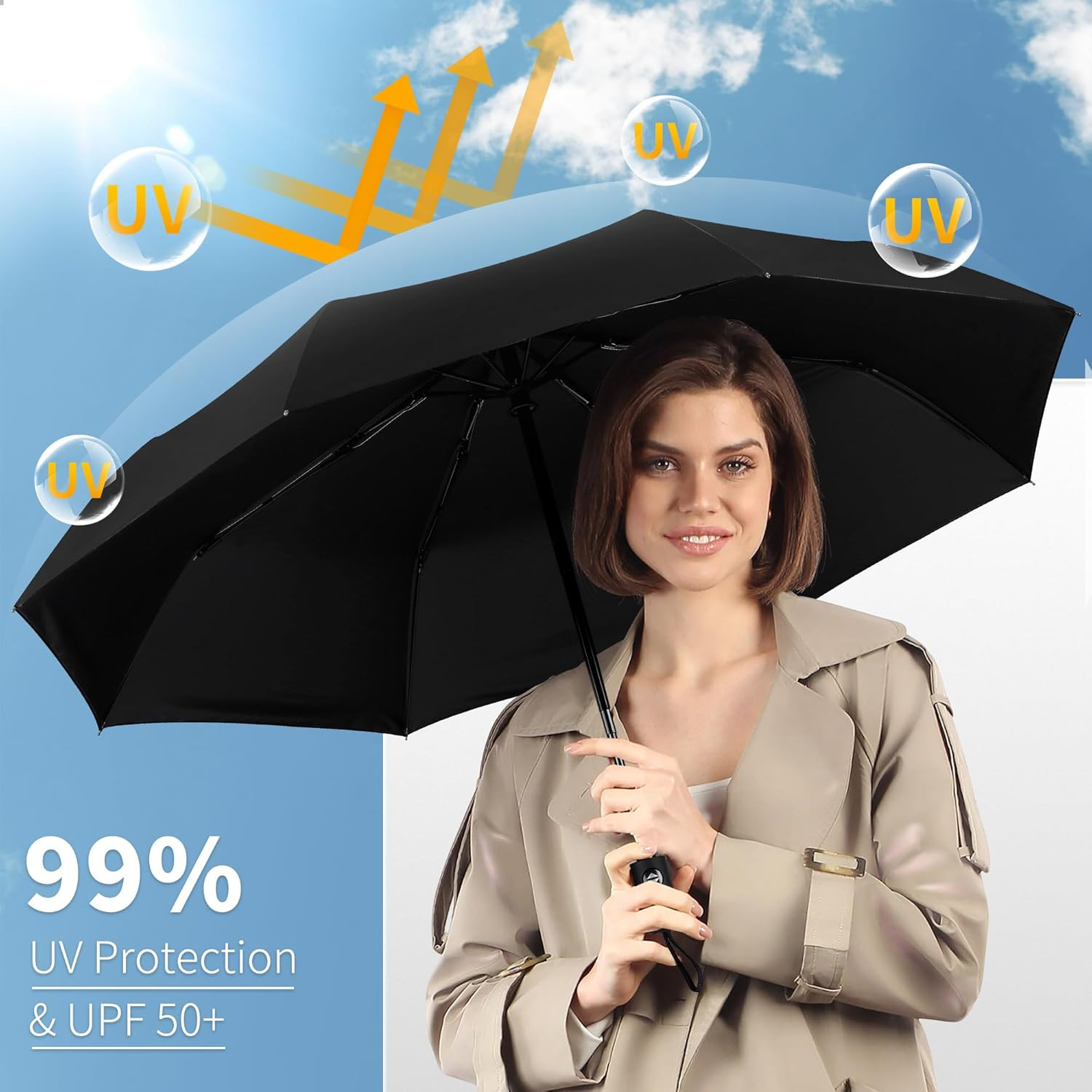 Windproof Travel Umbrella, Automatic Folding Compact Umbrella, Portable Sun & Ra