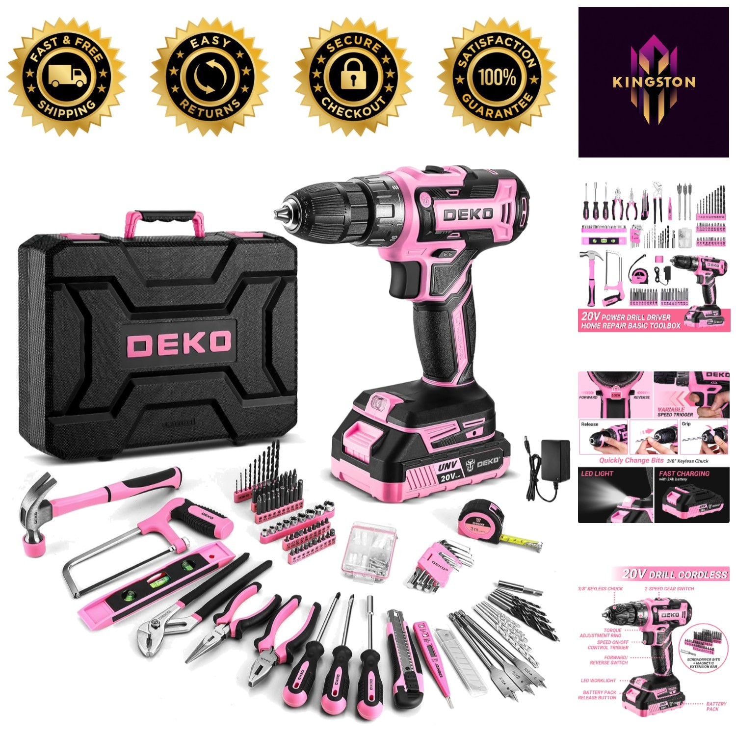 20V Pink Cordless Drill Set with Toolbox - Reliable Tools for Stylish Homeowners