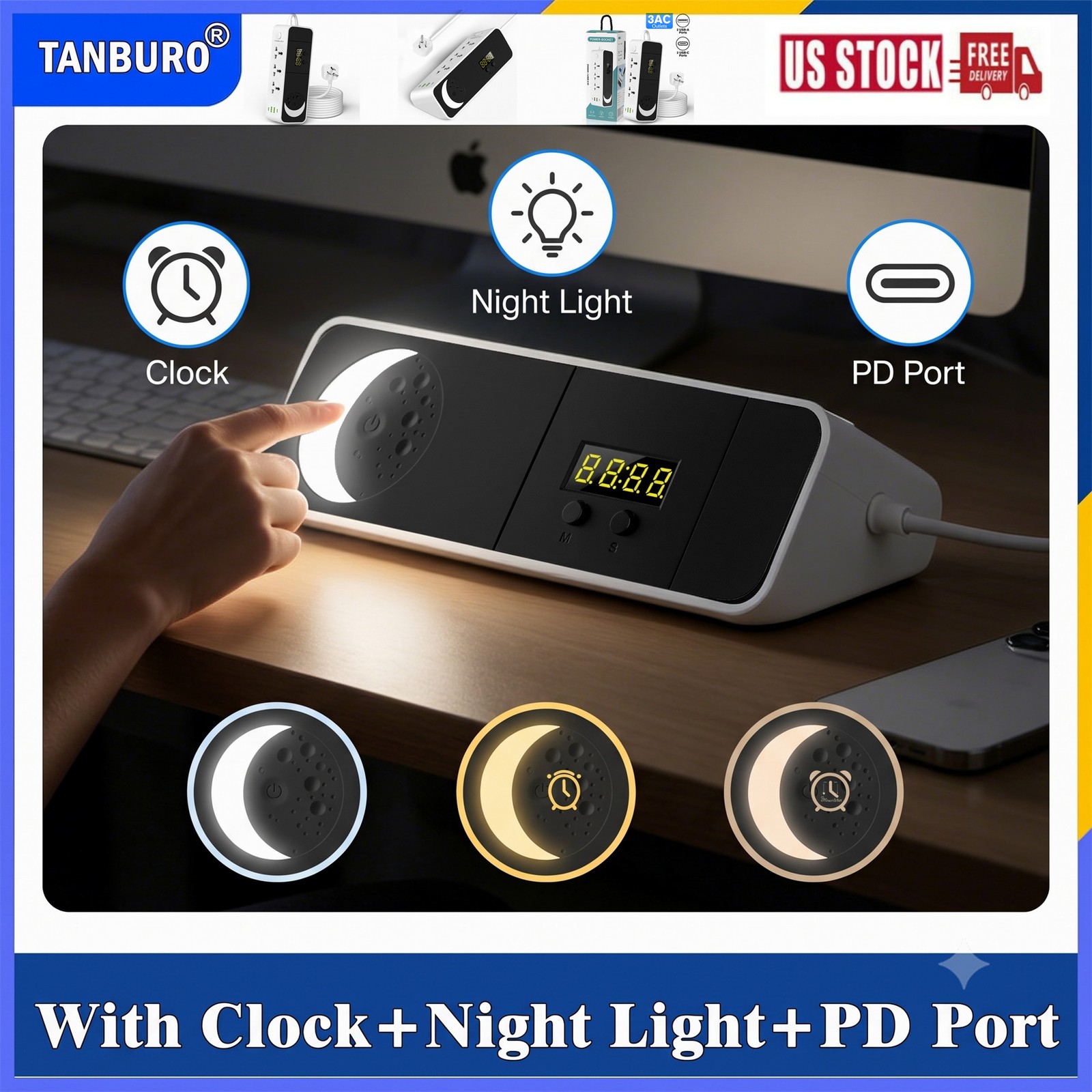 Wall Plug Power Strip with 3 Outlets Surge Protector Extension Cord Clock+Light