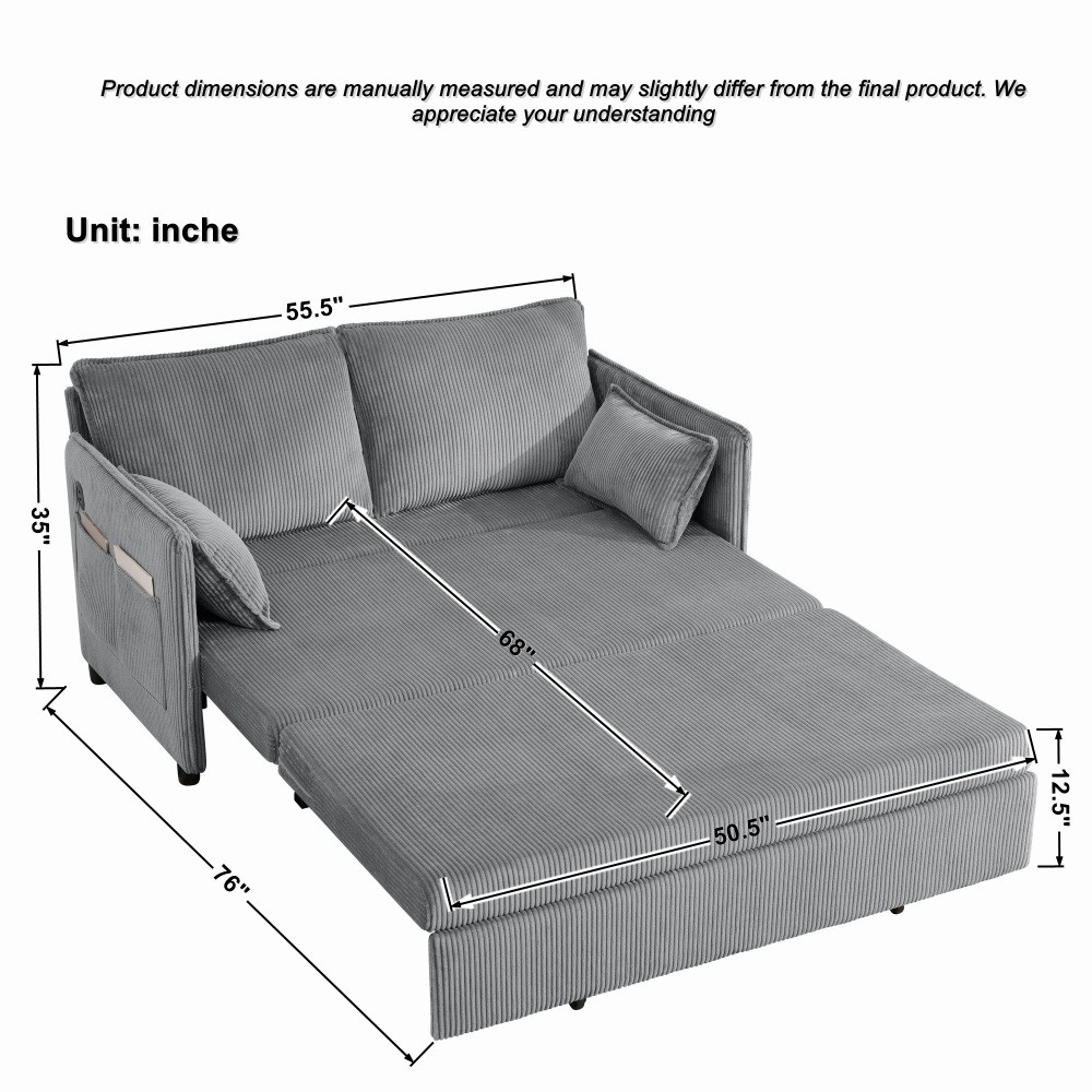 55" Convertible Sofa Bed w/ USB Ports & Storage, Grey Corduroy, Twin Size