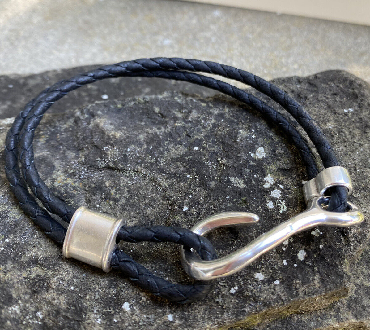 Black Breaded Leather Sterling Silver Hook Bracelets