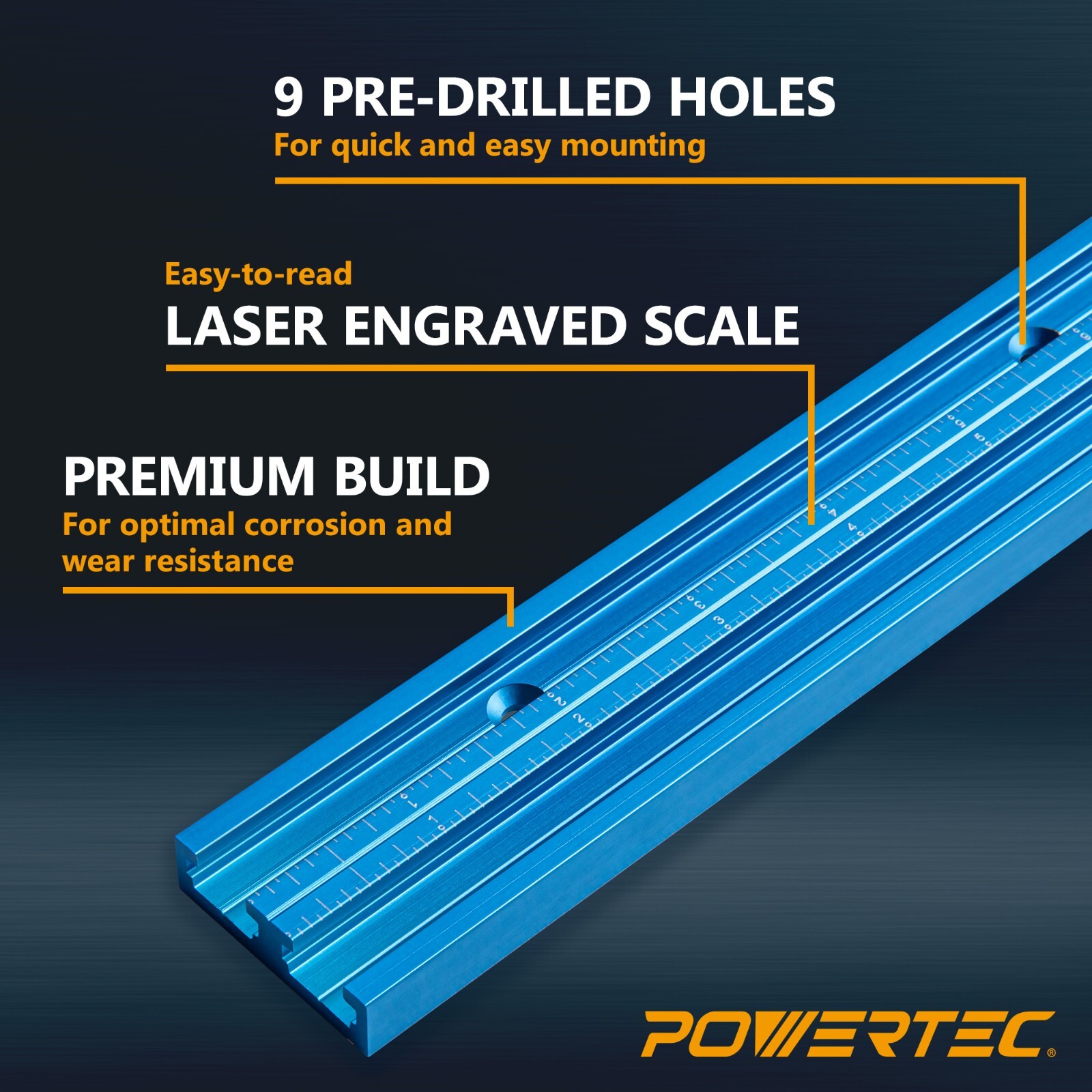 POWERTEC 71667 36" Double-Cut Profile Universal T-track, Predrilled with Scale