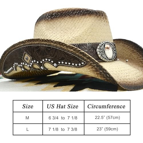 Cowboy Hats for Women and Men Straw Western Hat Embroidered Small-Medium Tan