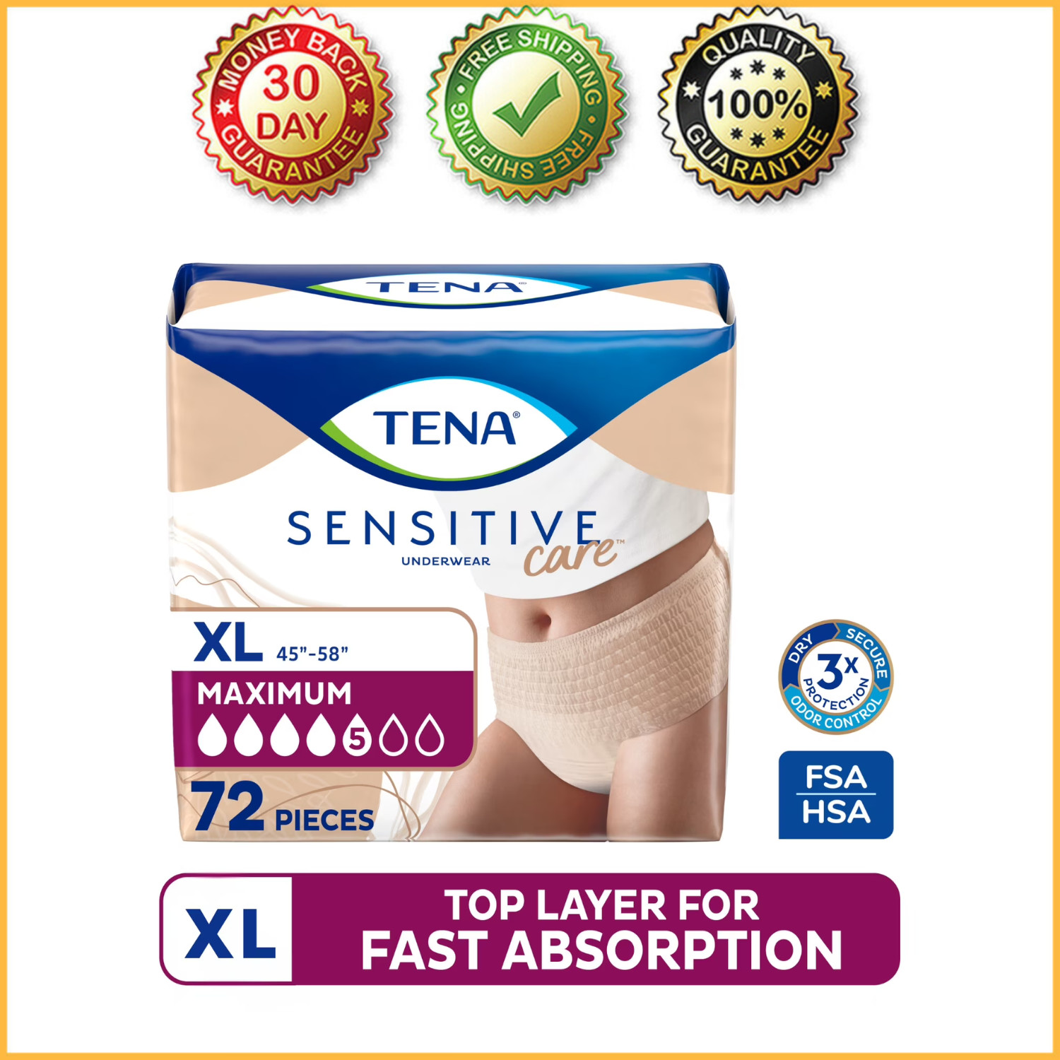 TENA Sensitive Care Underwear for Women Maximum XL 72 Ct (Waist Size 45in-58in)