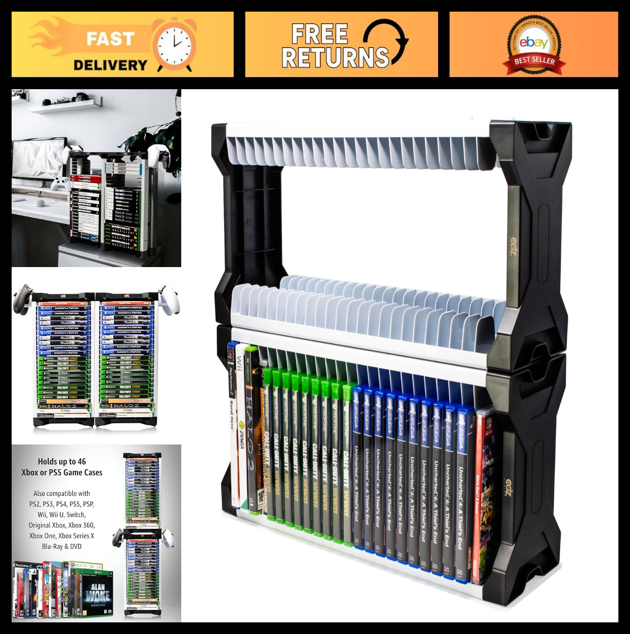 Universal Game Storage Tower Rack - Holds 46 Games & DVDs, 2 Controller Mounts,