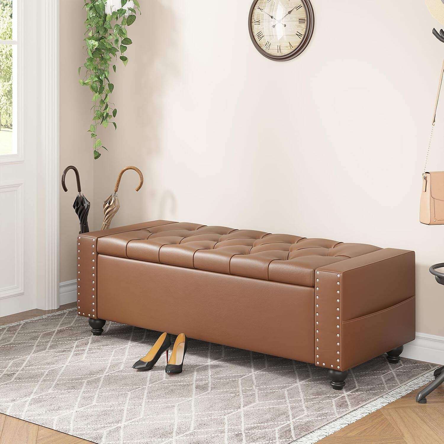 49 Inch Upholstered Storage Ottoman Bench Espresso Brown