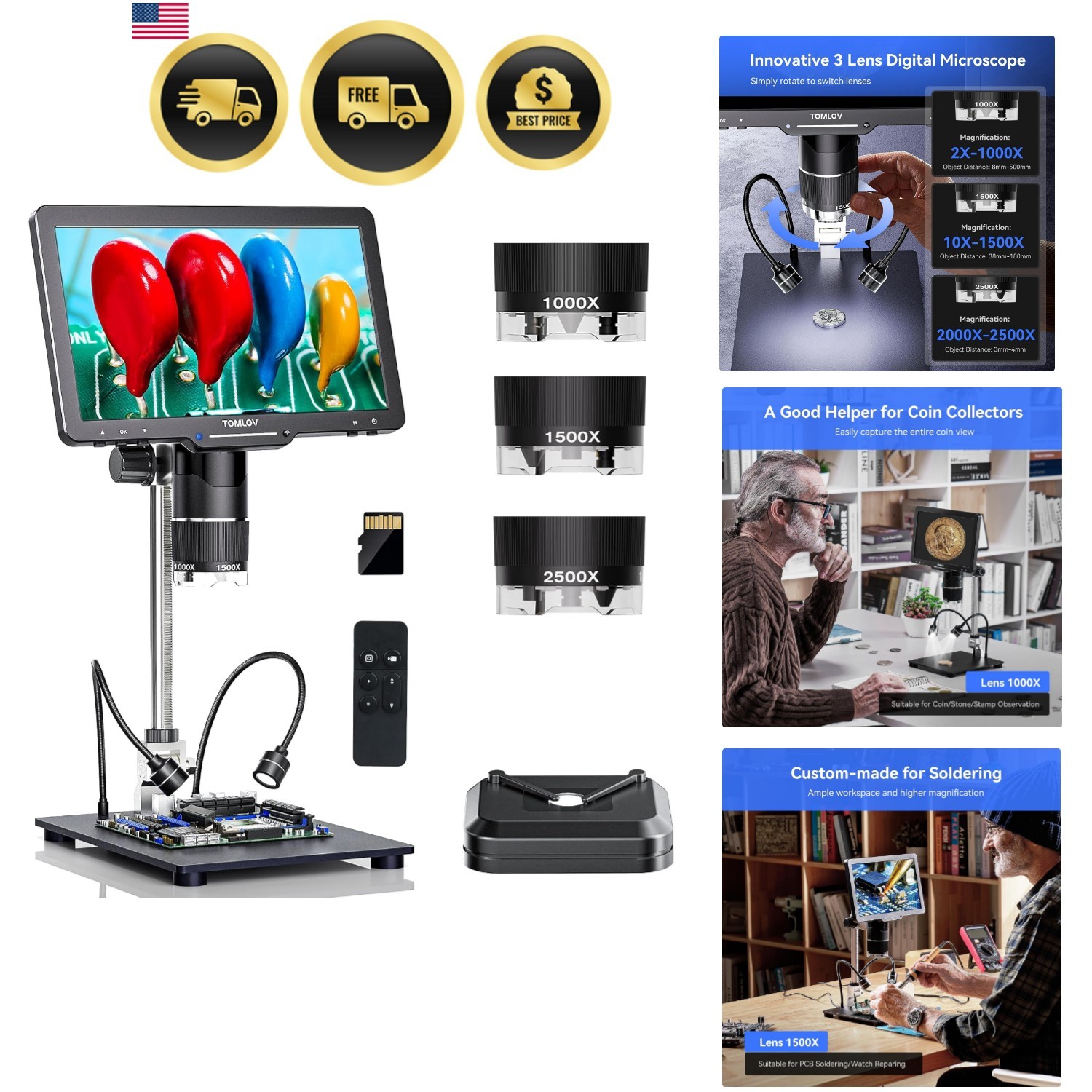 TriL110 3-Lens Digital Microscope: 10.1" 2500X 2K HD Coin Microscope Magnifie...