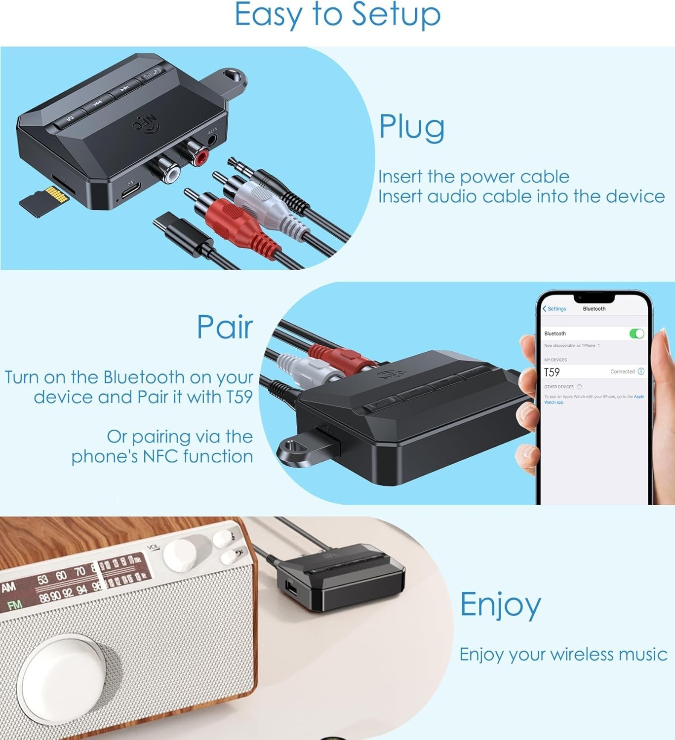Wireless Audio Adapter with NFC Pairing - Bluetooth Receiver for Old Speakers