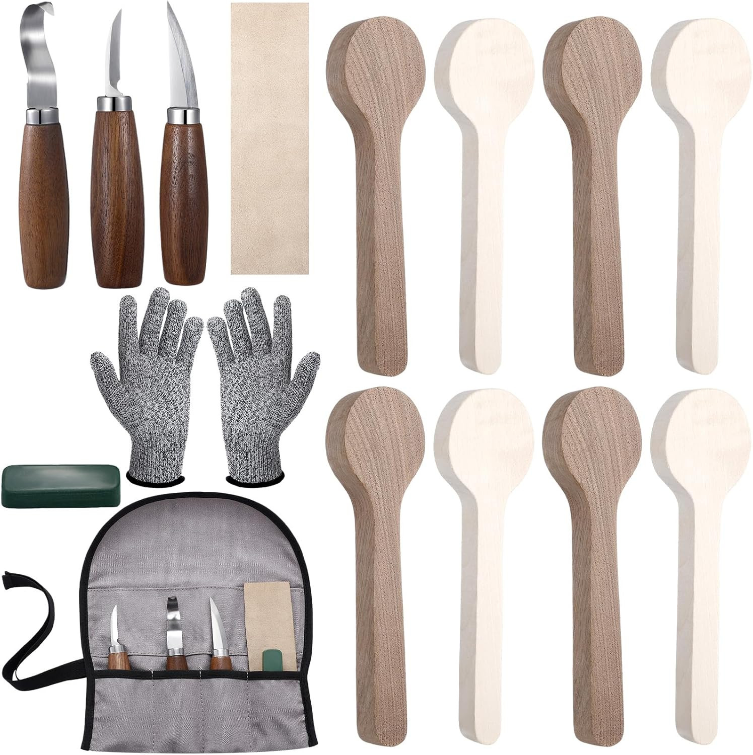 15 Pcs Spoon Carving Kit Wood Whittling Kit Includes 3 Wood Carving Knife 8 Spoo