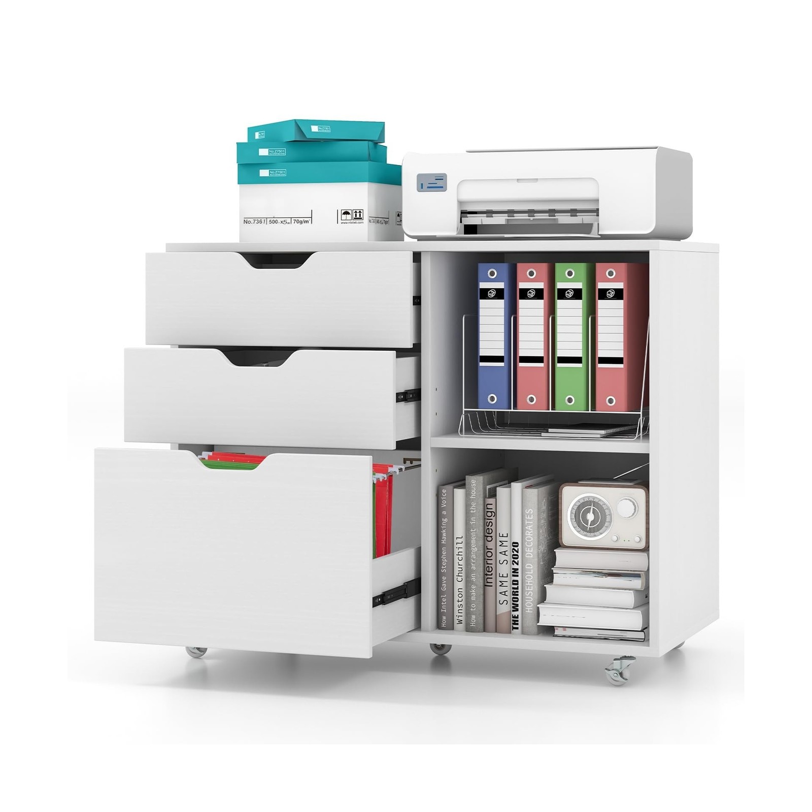 LOKO 3-Drawer File Cabinet, Mobile Printer Stand Cabinet with Adjustable Shel...