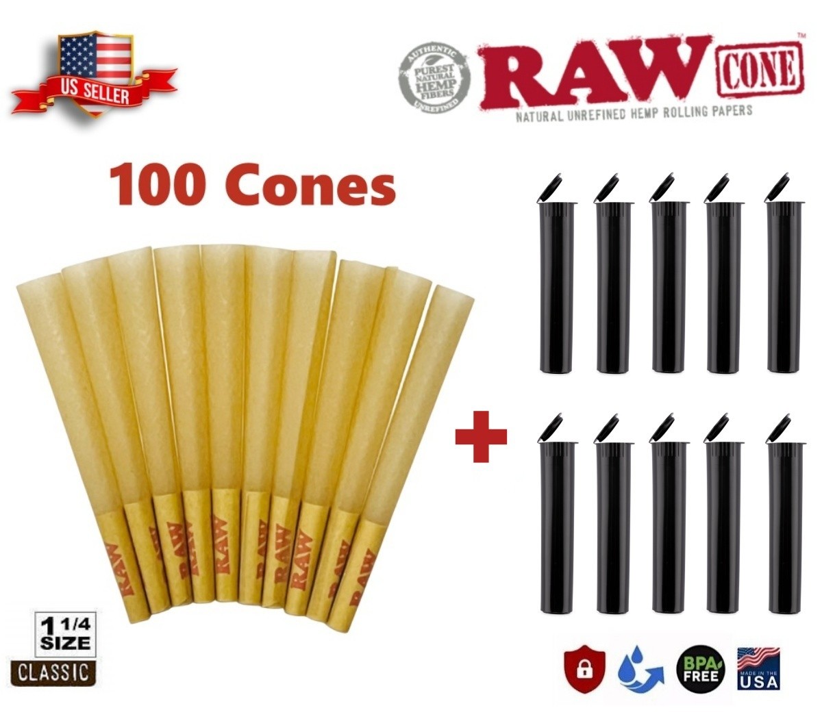 Authentic RAW Classic 1 1/4 Size Pre-Rolled Cone 100 Pack 🌟 10 Tubes