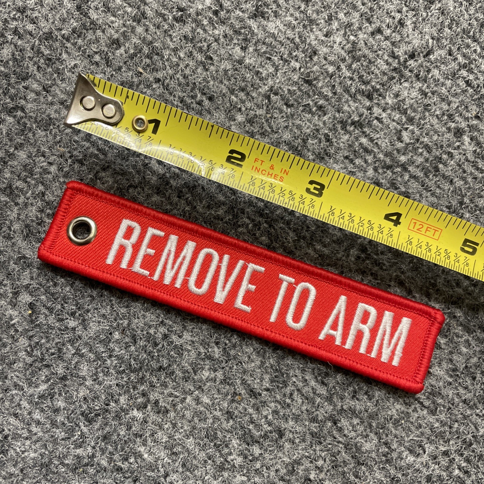REMOVE TO ARM tag keychain patch RED 5" x 1" Jet Propulsion Laboratory JPL NASA