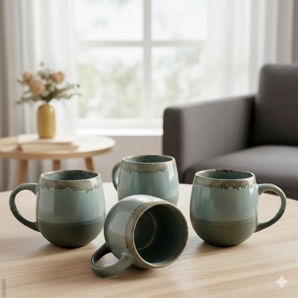 18oz Three-Tone Ceramic Coffee Mugs | Rustic Style | Great Holiday Gift Set of 4