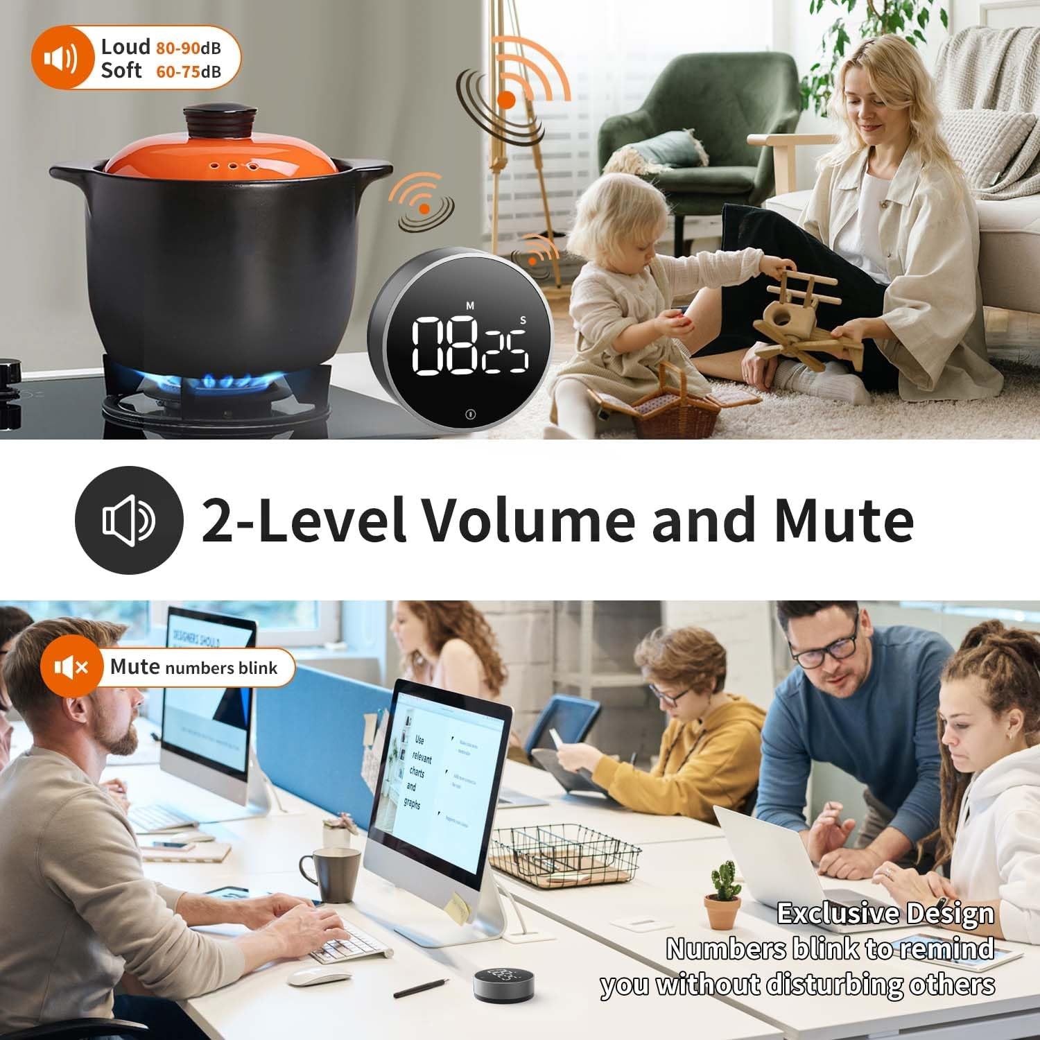 VOCOO Digital Kitchen Timer - Magnetic Countdown Countup Timer with Large LED Di