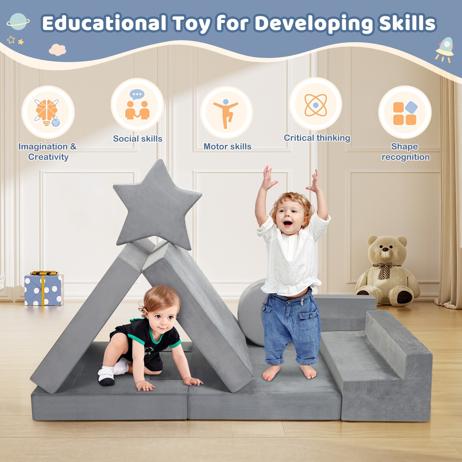 Modular Kids Play Couch for Playroom Bedroom, 9 in 1 Gray, Kids Large Game Toy