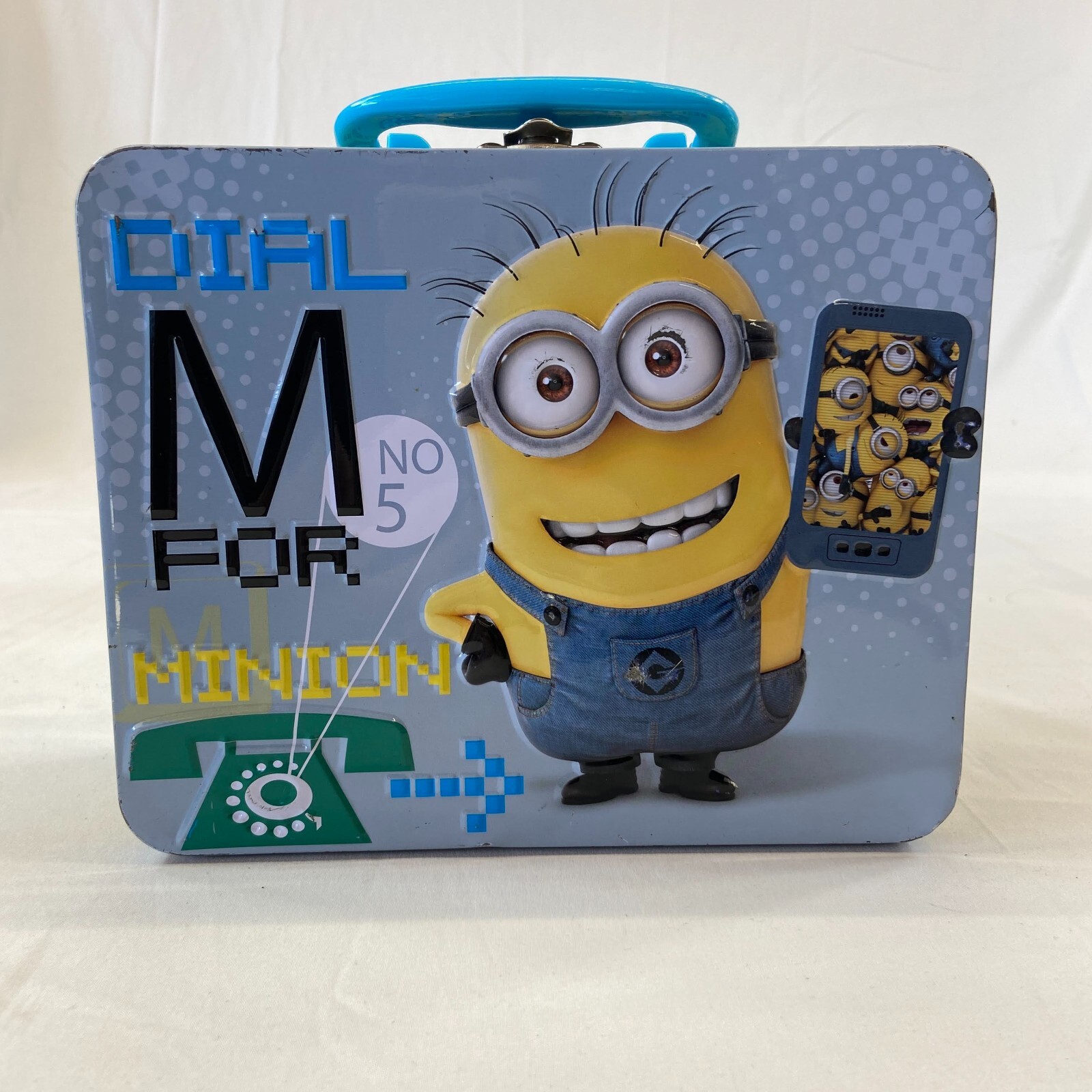 Minion Tin Lunchbox Despicable Me Handled Travel Bag Latch Closure Dial Phone