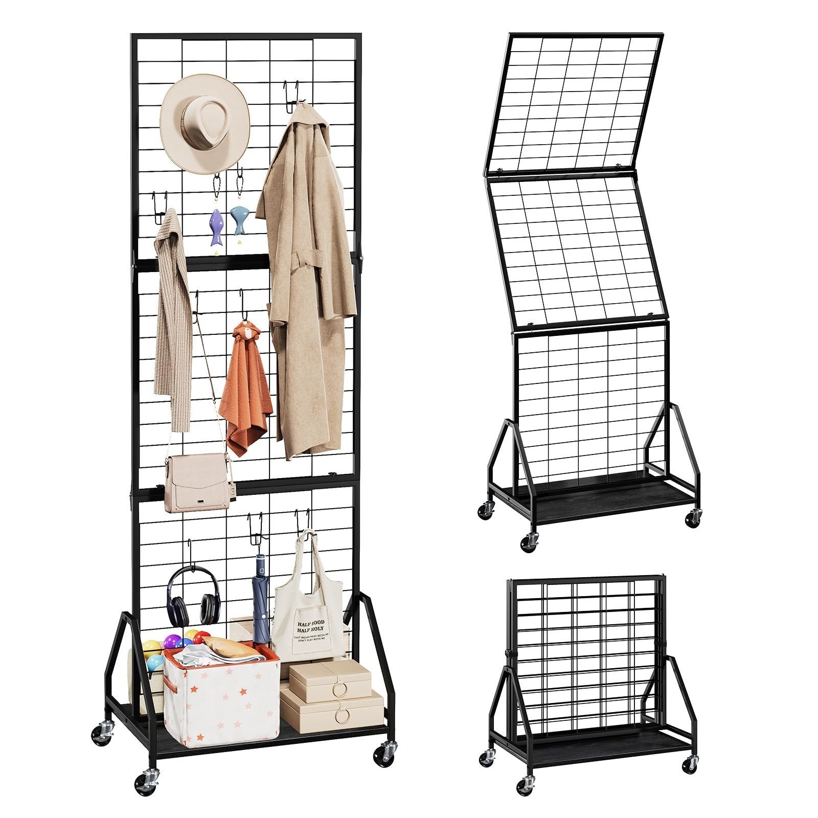 ELYKEN Foldable Grid Wall Panels Display Rack with Wheels & Storage Shelf