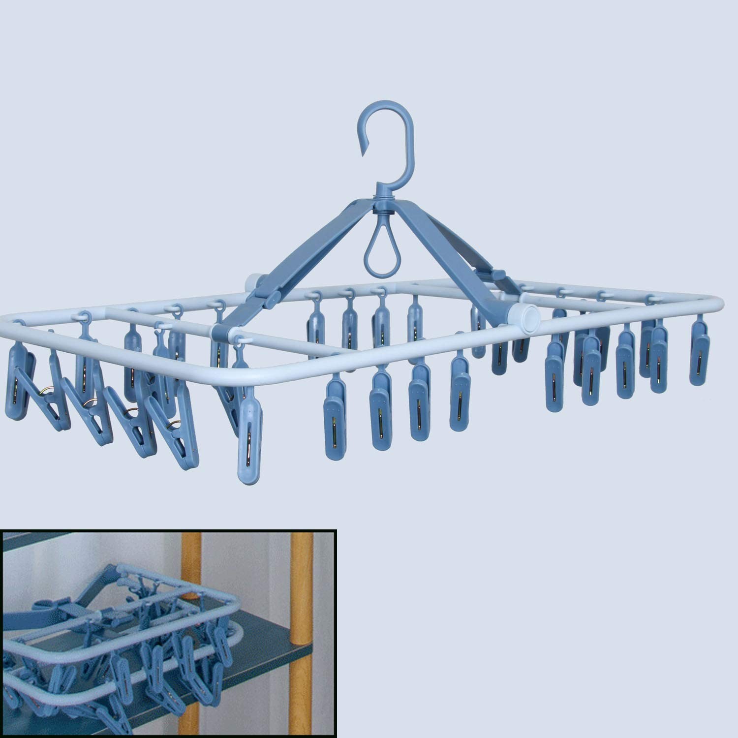 Foldable Clip Hangers Blue with 32Pcs Drying Clips Wind-Proof Hook for Underw...