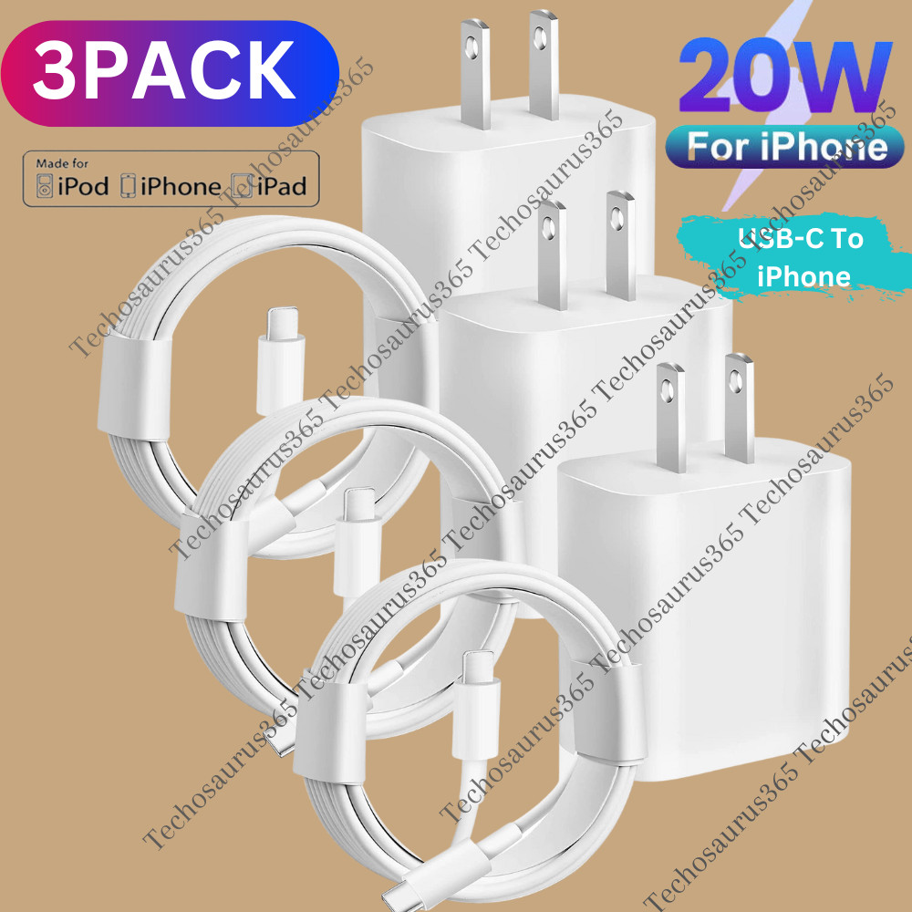 3 Pack 20W USB-C PD Fast Wall Charger Power Block For iPhone 14 TypeC Cable Lot