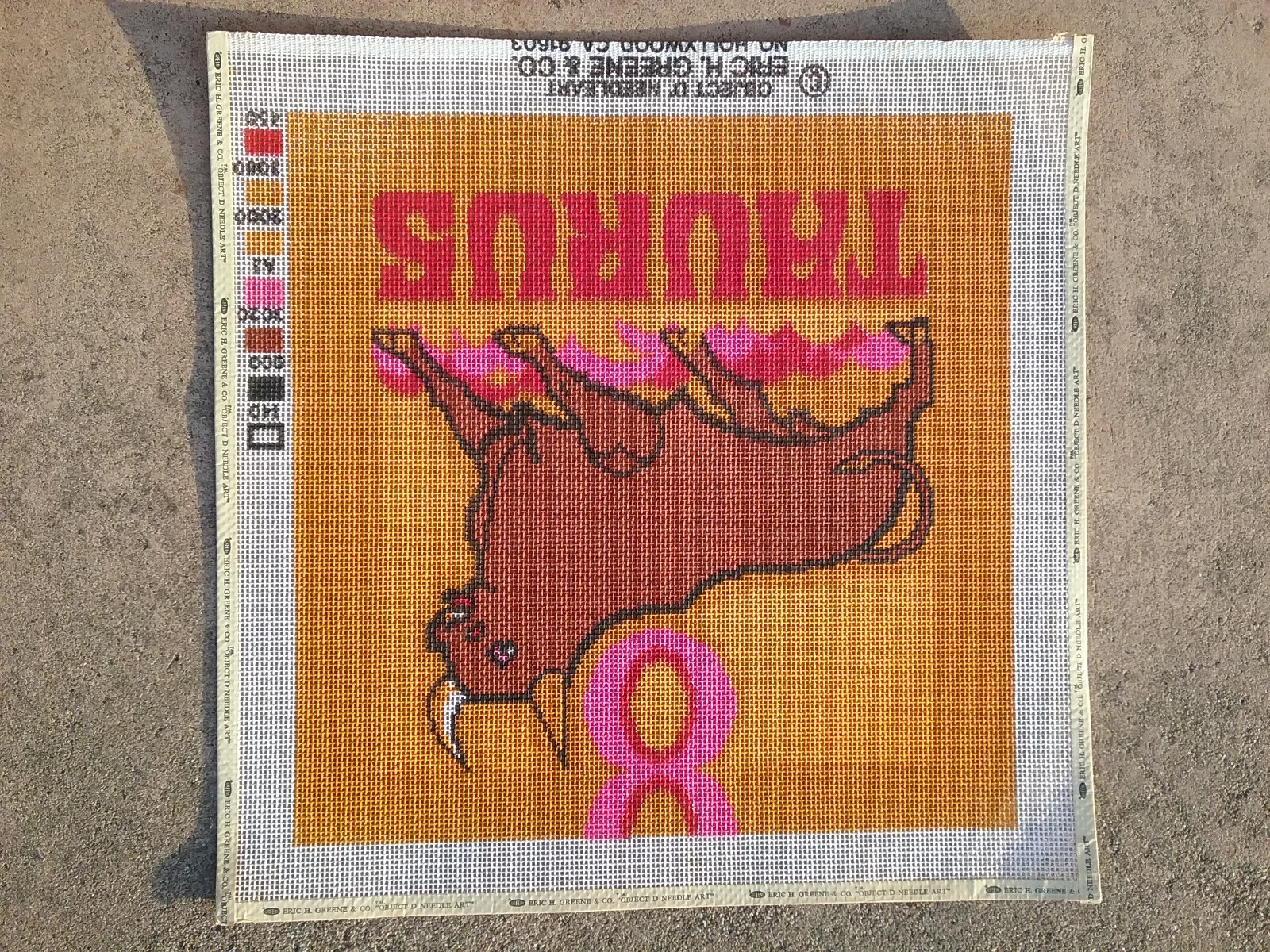 "TAURUS" Zodiac painted needlepoint canvas 15" square finished from 1970'S NEW