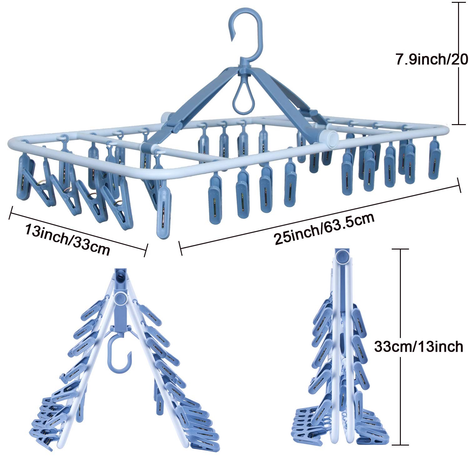 Foldable Clip Hangers Blue with 32Pcs Drying Clips Wind-Proof Hook for Underw...