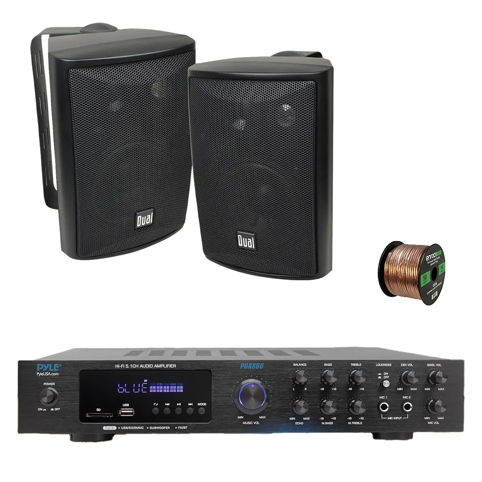 Pyle PDA8BU 5.1 Channel Home Audio Bluetooth Receiver, 2x 4" 200W Speakers, Wire