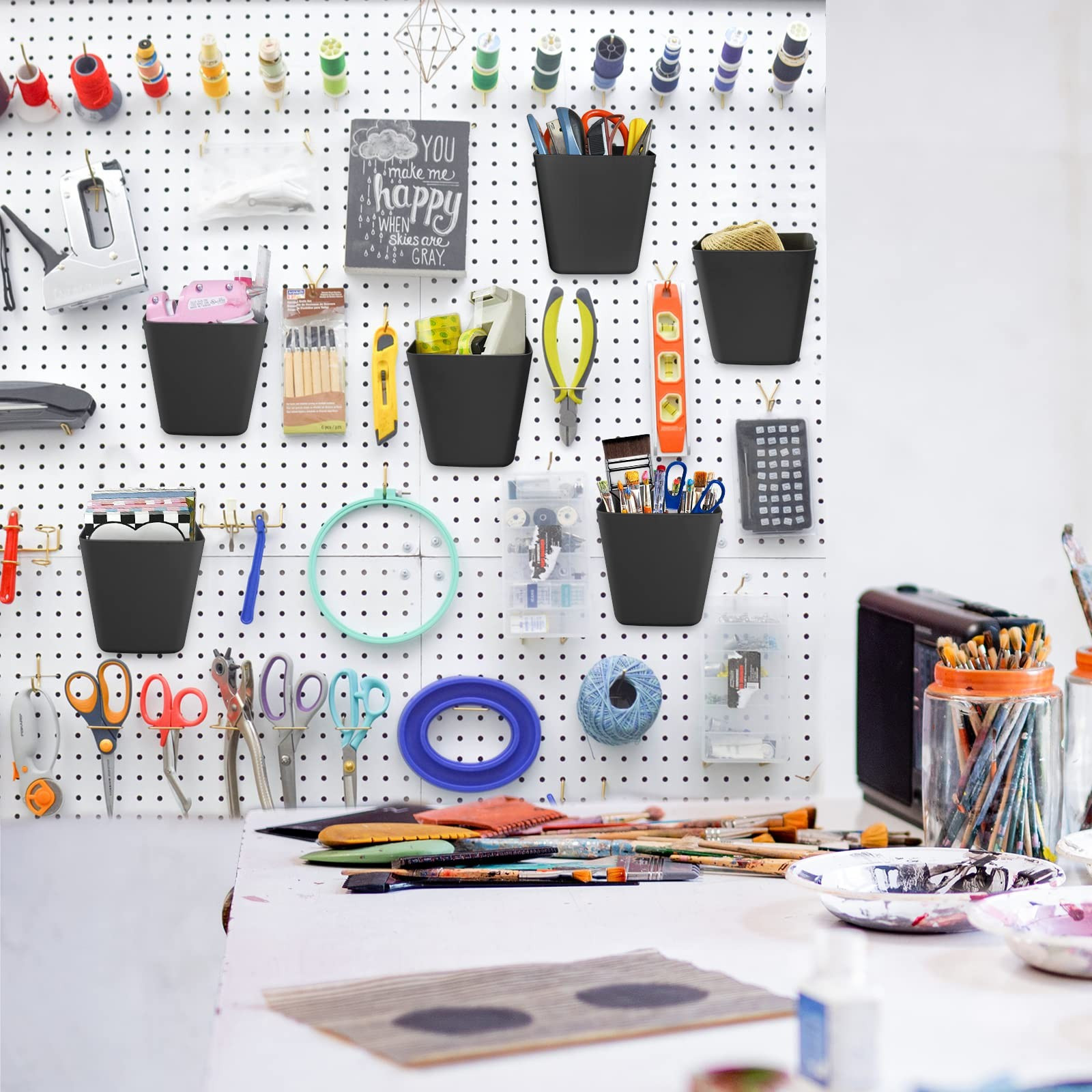 Large Pegboard Cups Peg Board Storage Bin 6 Pack with Hooks, Square Box Shape...