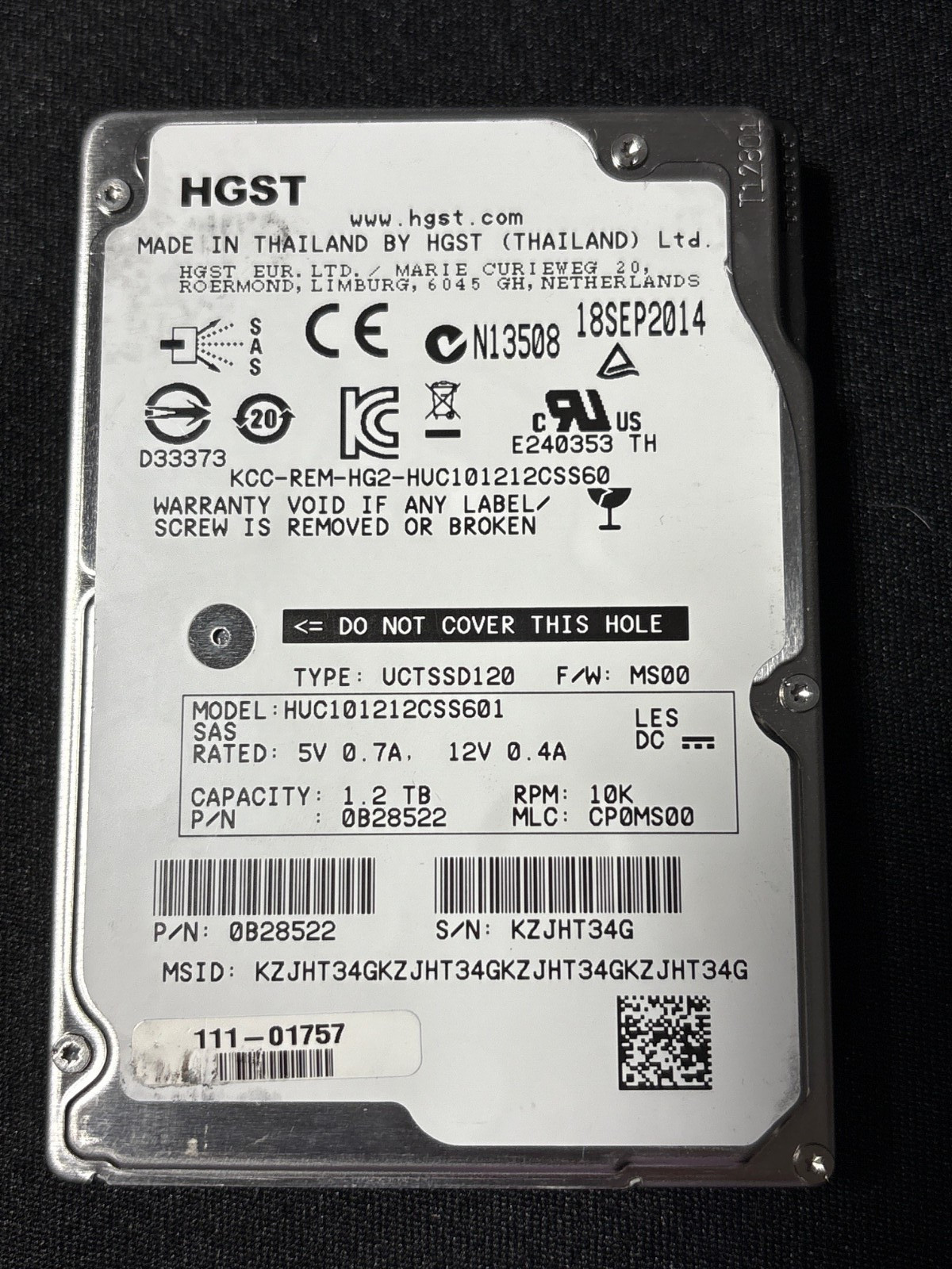 HUC101212CSS601  1.2TB - 6Gbps - DA/FDE SAS DRIVE - PN: 0B28522 -- 111-01757