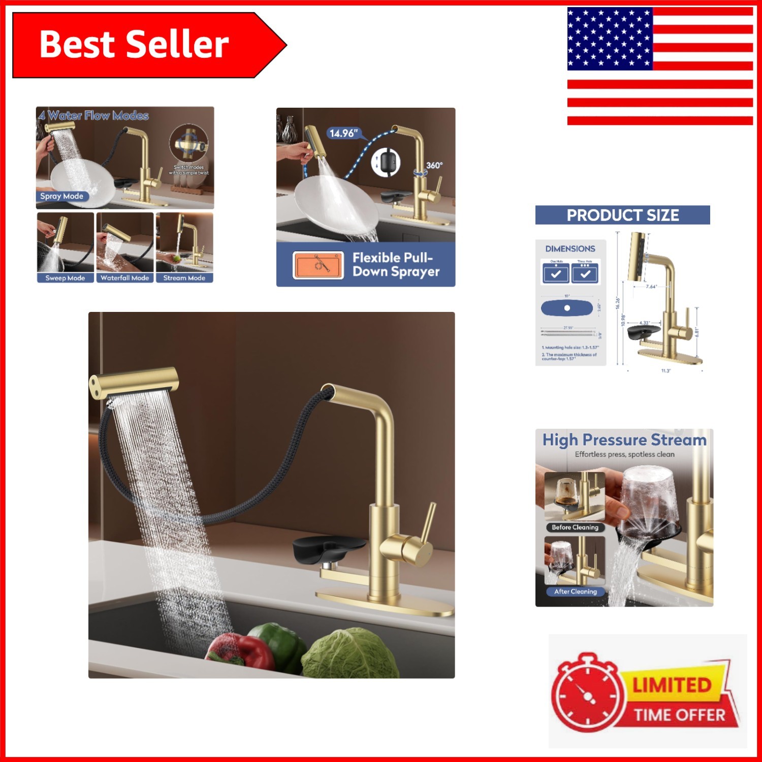Elegant Brushed Gold Kitchen Faucet with Pull Down Sprayer & Rinser Feature