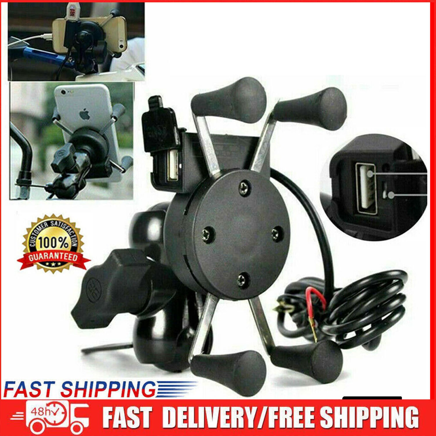 Universal X Shape Motorcycle Bike Car Mount Cellphone Holder USB Charger For GPS